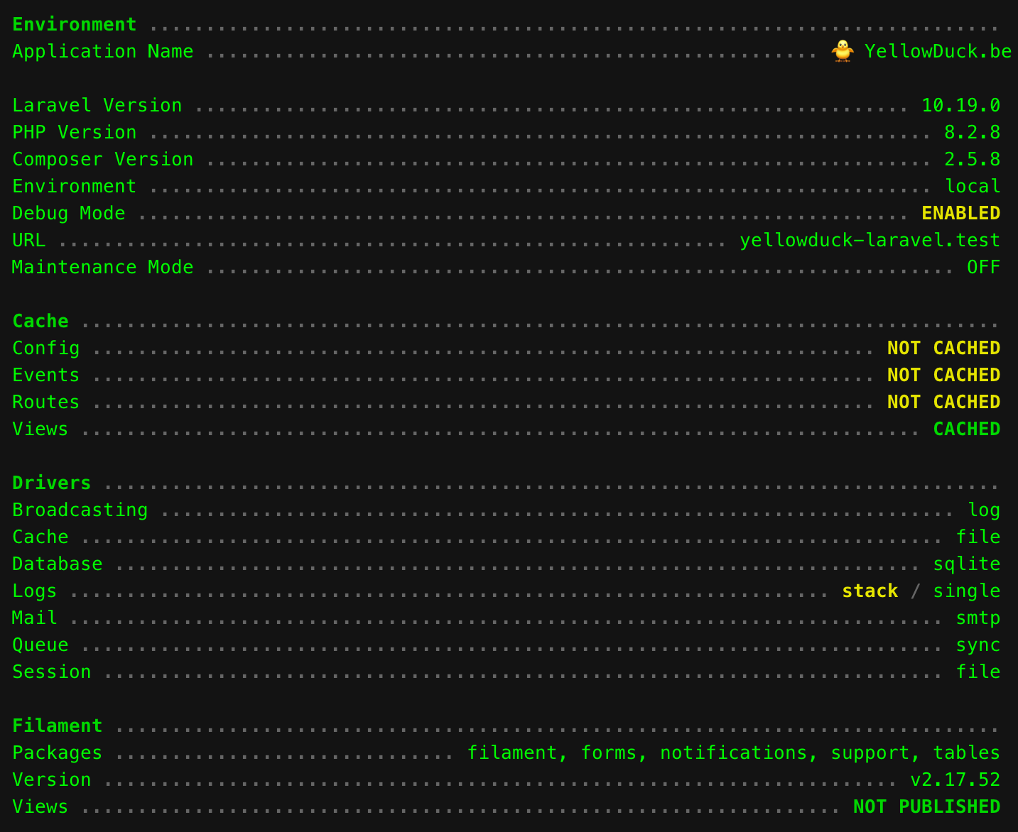 Artisan About command output